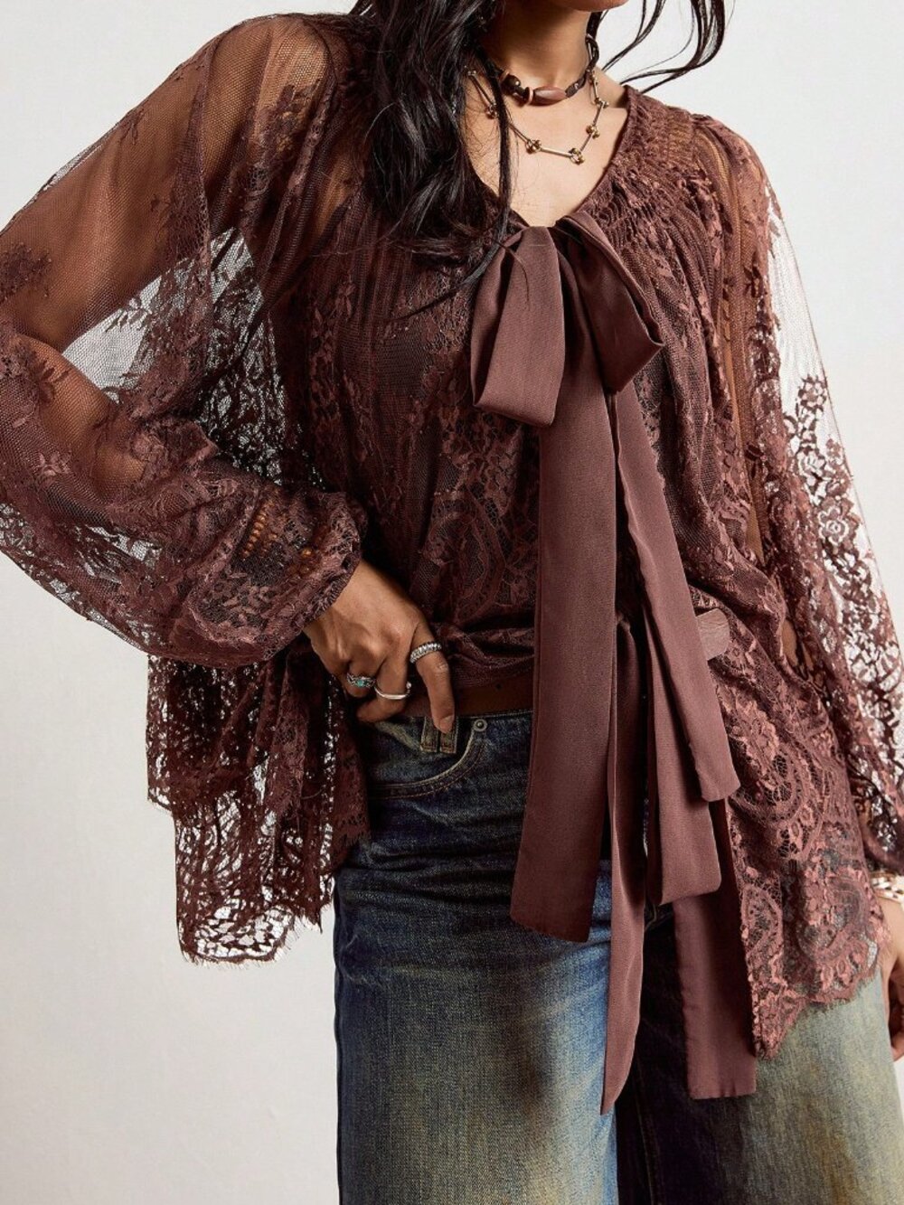 Brown Elegant Women's Ruched Knot Sheer Double Layer Bishop Top - Picture 3 of 8